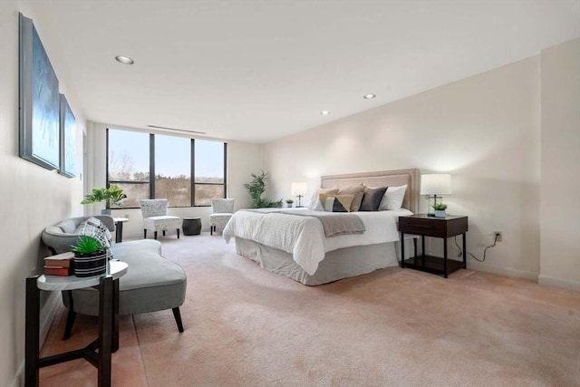 bedroom with light colored carpet