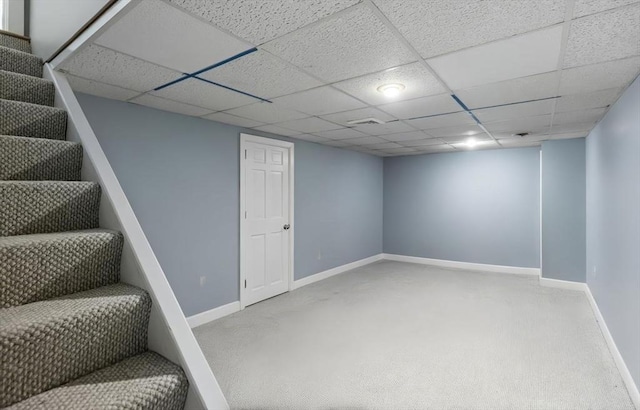 62 Bianca Rd, Duxbury, MA 02332 - finished basement with stairway, baseboards, carpet flooring, and a drop ceiling
