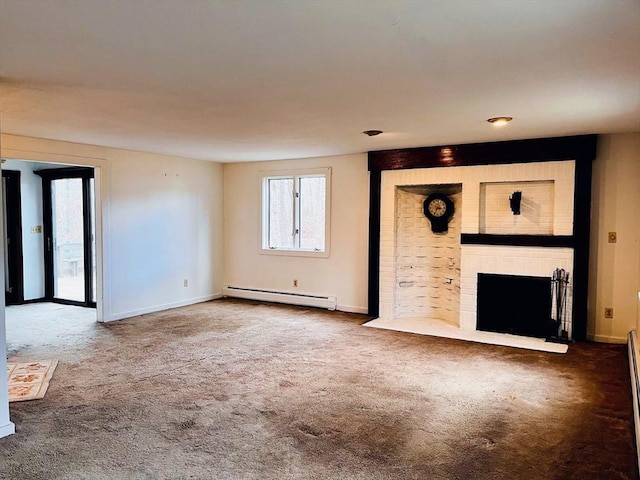 unfurnished living room featuring a baseboard radiator, carpet, and a fireplace