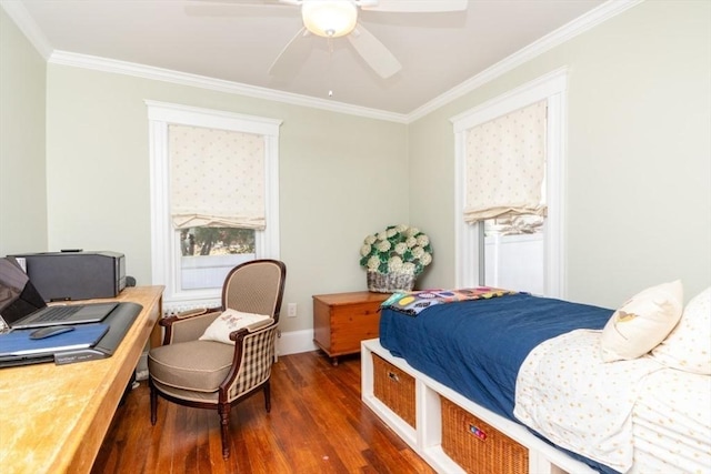 bedroom featuring ceiling fan, dark hardwood / wood-style floors, and ornamental molding