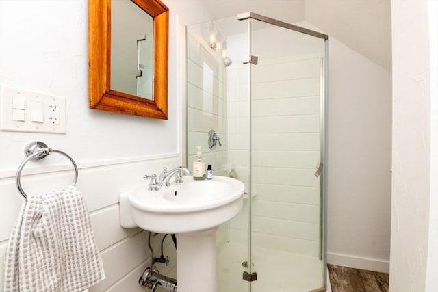 bathroom with walk in shower and wood-type flooring