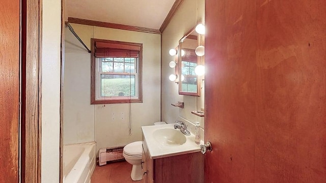 full bathroom featuring toilet, a bathtub, a baseboard heating unit, crown molding, and tile patterned flooring