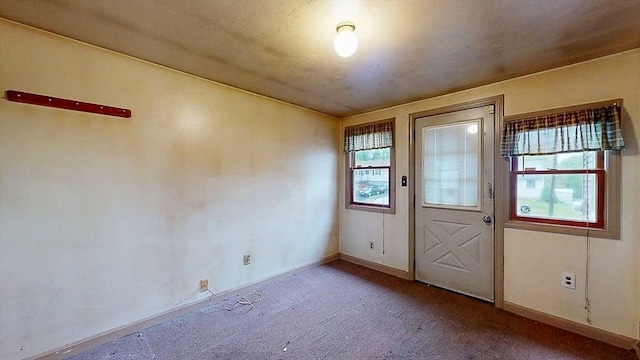entryway with baseboards and carpet