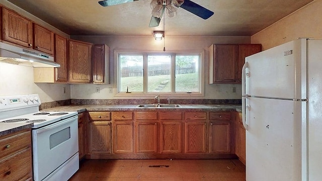 kitchen featuring a sink, brown cabinetry, white appliances, under cabinet range hood, and a ceiling fan