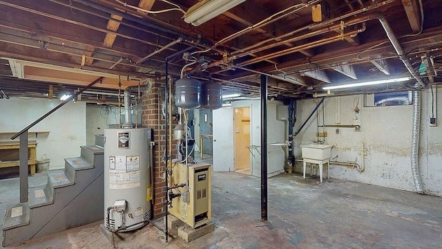 unfinished basement featuring stairway, water heater, a sink, and a heating unit