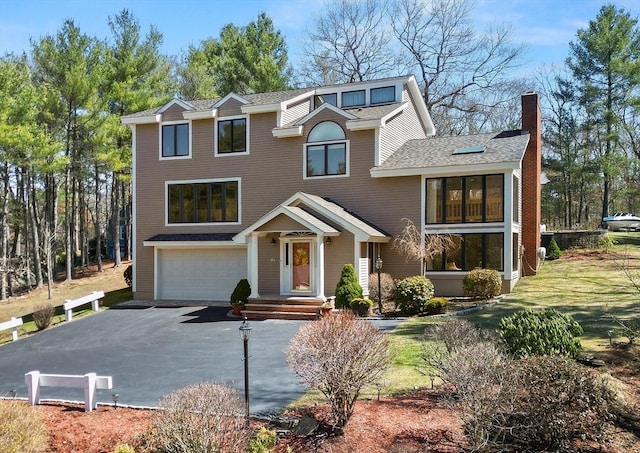 traditional-style home with driveway, a garage, and a chimney