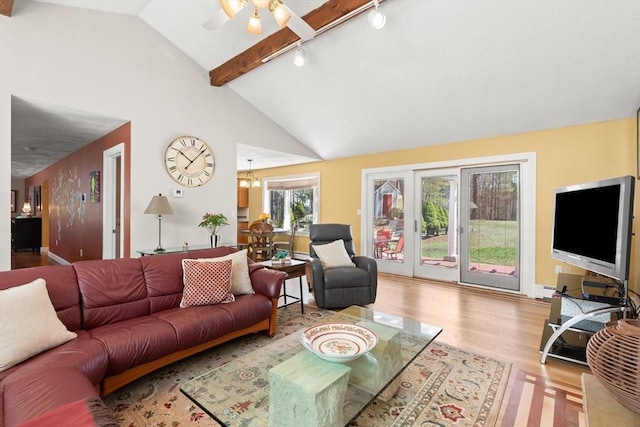 living area featuring track lighting, high vaulted ceiling, wood finished floors, and ceiling fan with notable chandelier