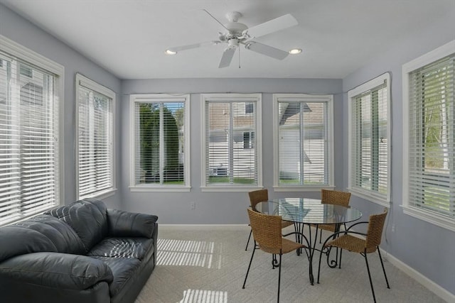 sunroom / solarium featuring baseboards, recessed lighting, and carpet floors