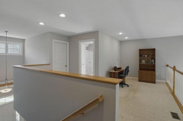 office space with light carpet, baseboards, visible vents, and recessed lighting
