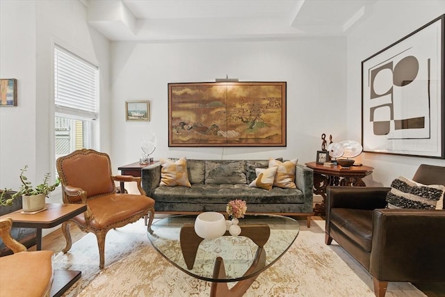 sitting room with wood finished floors and a tray ceiling