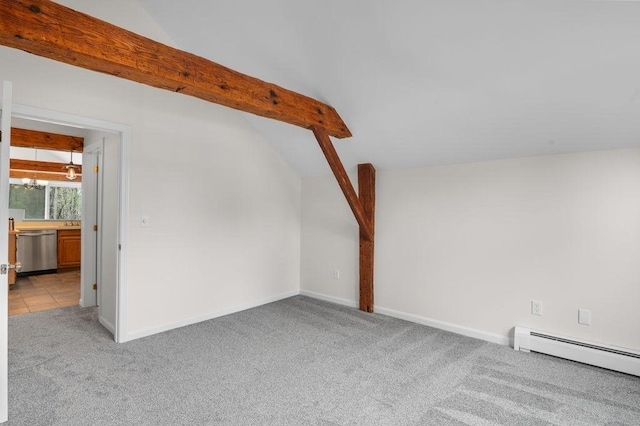 bonus room with vaulted ceiling, light colored carpet, a baseboard heating unit, a chandelier, and baseboards