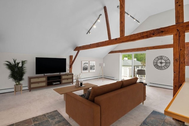 carpeted living area with rail lighting, a baseboard heating unit, and vaulted ceiling