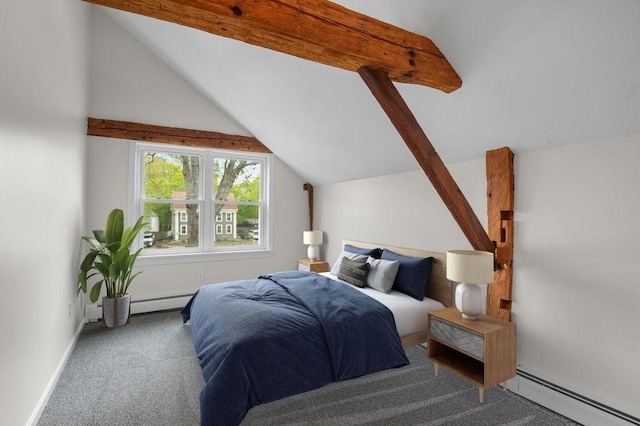 bedroom featuring baseboard heating, carpet floors, lofted ceiling, and baseboards