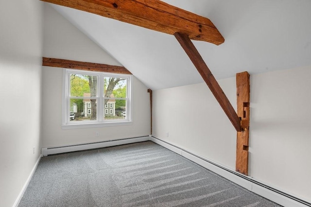 bonus room with a baseboard heating unit, carpet, lofted ceiling, and baseboards