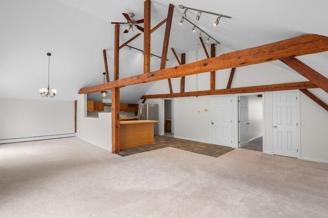 unfurnished living room featuring carpet floors, a ceiling fan, a baseboard radiator, a chandelier, and high vaulted ceiling