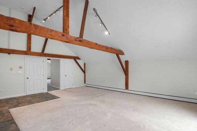 additional living space featuring baseboards, a baseboard radiator, lofted ceiling, and carpet flooring