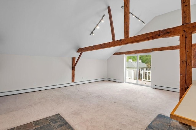 bonus room with vaulted ceiling, a baseboard heating unit, and carpet flooring