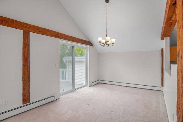 spare room featuring baseboard heating, carpet floors, vaulted ceiling, and a chandelier