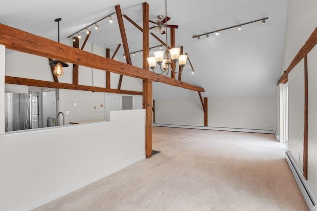 additional living space with a baseboard heating unit, a chandelier, carpet flooring, high vaulted ceiling, and ceiling fan