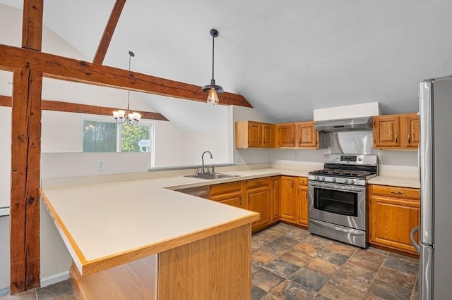 kitchen with appliances with stainless steel finishes, a sink, a peninsula, vaulted ceiling, and light countertops