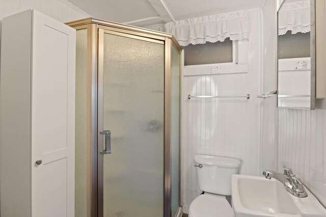 full bath with a sink, a shower stall, and toilet