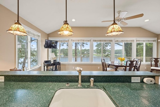 49 Edgewater Way, Wareham, MA 02571 - interior space featuring a ceiling fan, a sink, dark countertops, recessed lighting, and vaulted ceiling
