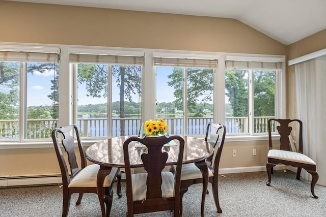 49 Edgewater Way, Wareham, MA 02571 - carpeted dining room with vaulted ceiling, baseboards, a water view, and a wealth of natural light