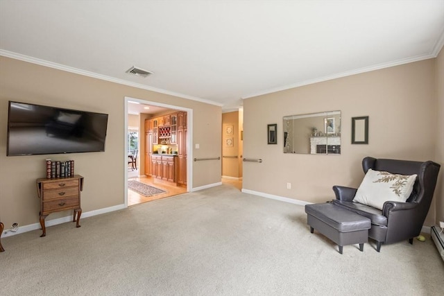 49 Edgewater Way, Wareham, MA 02571 - sitting room with baseboards, visible vents, carpet floors, and ornamental molding