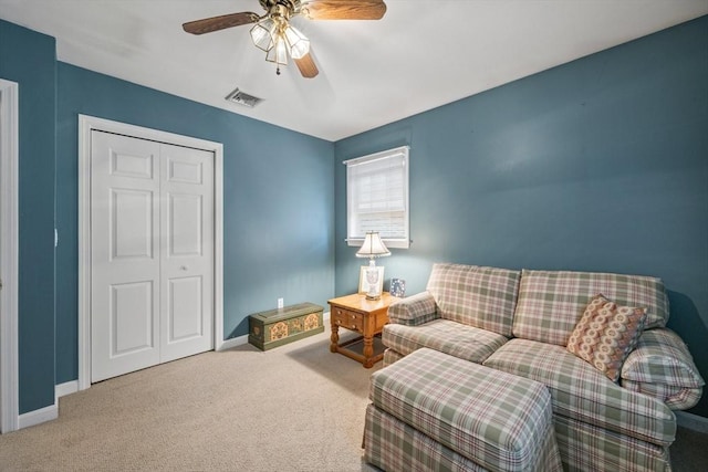 49 Edgewater Way, Wareham, MA 02571 - living area with visible vents, carpet flooring, baseboards, and ceiling fan