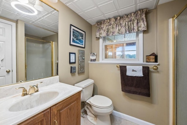 49 Edgewater Way, Wareham, MA 02571 - full bathroom with baseboards, toilet, a stall shower, an ornate ceiling, and vanity