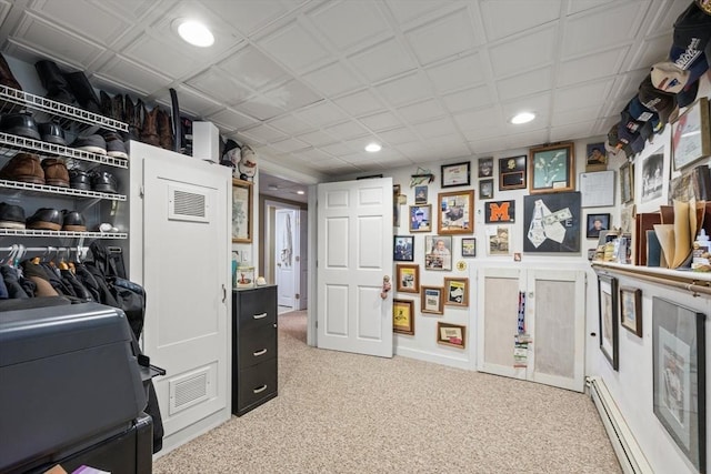 49 Edgewater Way, Wareham, MA 02571 - interior space featuring a baseboard radiator, recessed lighting, visible vents, and light carpet