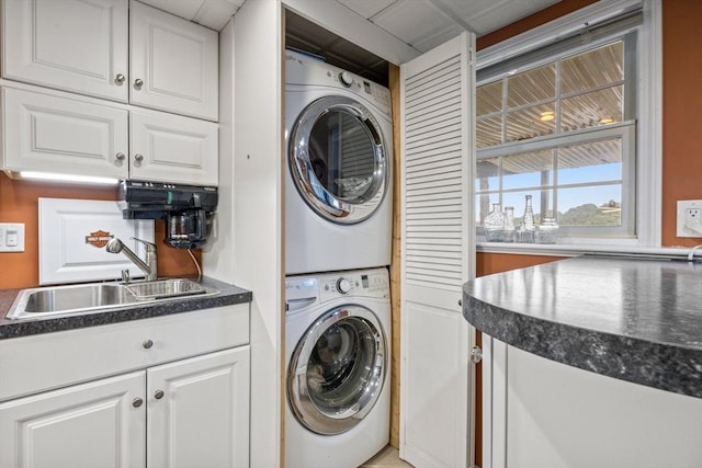 49 Edgewater Way, Wareham, MA 02571 - clothes washing area with laundry area, stacked washer and dryer, and a sink