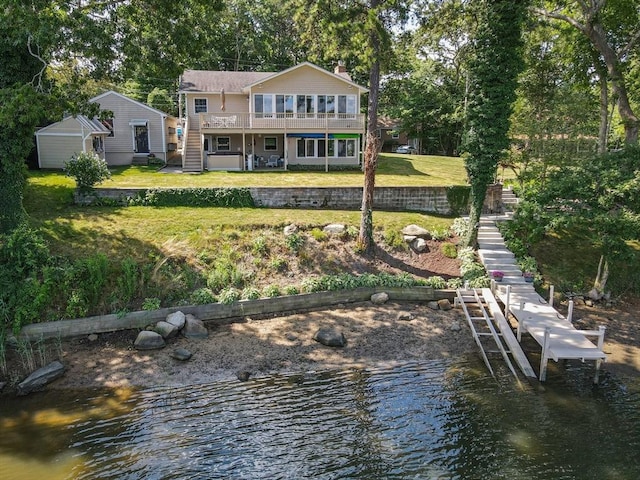 49 Edgewater Way, Wareham, MA 02571 - back of property with a water view, a lawn, and stairs