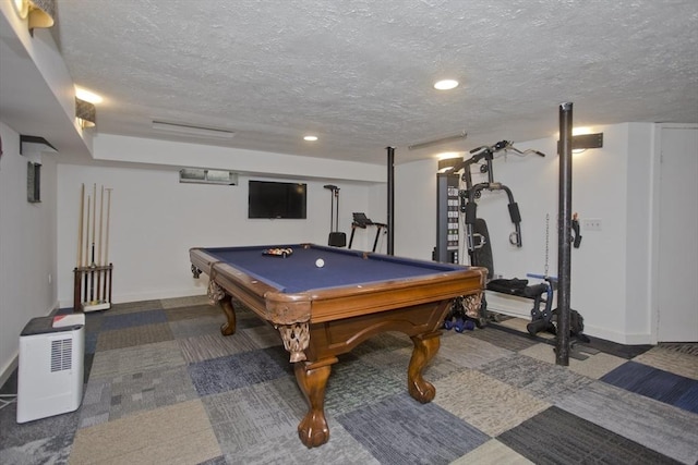 1142 Longmeadow St, Longmeadow, MA 01106 - playroom featuring a textured ceiling, carpet floors, pool table, and recessed lighting