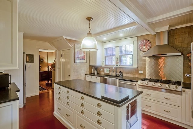 1142 Longmeadow St, Longmeadow, MA 01106 - kitchen featuring wall chimney range hood, stainless steel appliances, dark countertops, decorative backsplash, and a wooden ceiling with exposed beams