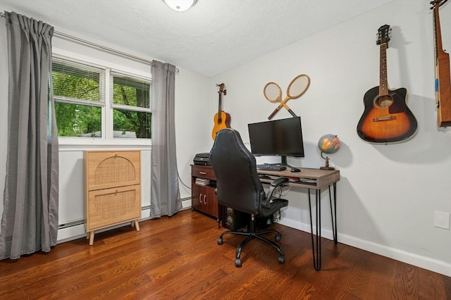 41 Dick Dr, Worcester, MA 01609 - office area featuring wood finished floors, baseboards, baseboard heating, and a textured ceiling