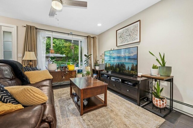 41 Dick Dr, Worcester, MA 01609 - living room featuring ceiling fan, a baseboard radiator, recessed lighting, and wood finished floors