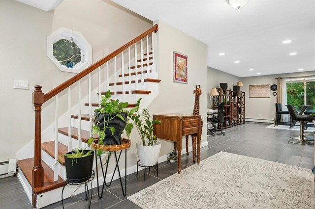 41 Dick Dr, Worcester, MA 01609 - stairs with baseboard heating, recessed lighting, and baseboards
