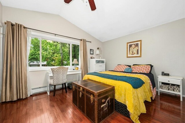 41 Dick Dr, Worcester, MA 01609 - bedroom with vaulted ceiling, hardwood / wood-style flooring, baseboard heating, and ceiling fan