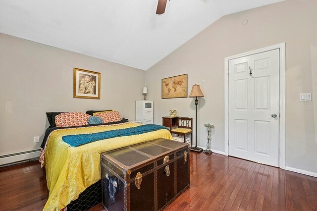 41 Dick Dr, Worcester, MA 01609 - bedroom with vaulted ceiling, wood-type flooring, baseboard heating, baseboards, and a ceiling fan