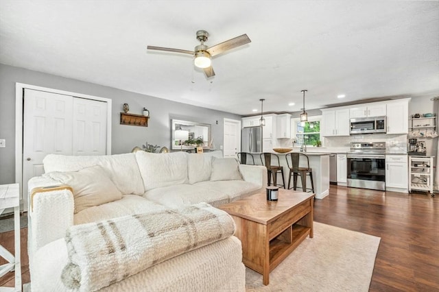 41 Dick Dr, Worcester, MA 01609 - living room featuring a ceiling fan, recessed lighting, and dark wood-style floors