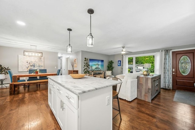 41 Dick Dr, Worcester, MA 01609 - kitchen with a kitchen island, a kitchen bar, white cabinetry, and dark wood finished floors