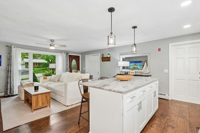 41 Dick Dr, Worcester, MA 01609 - kitchen with dark wood finished floors, a breakfast bar, baseboard heating, white cabinetry, and recessed lighting
