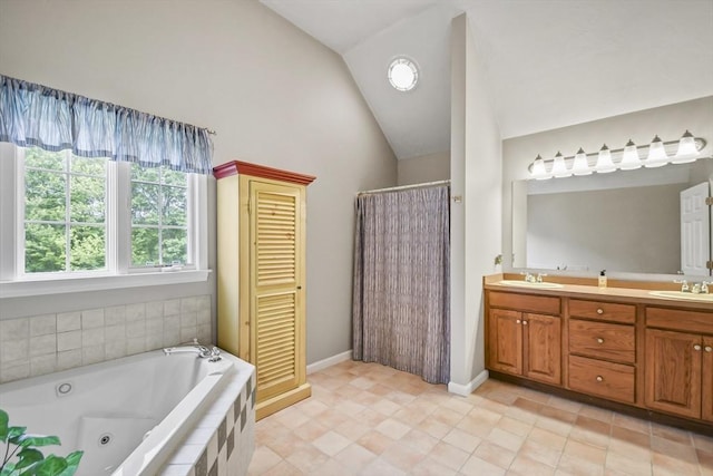 17 Sean Mikeal Way, Grafton, MA 01519 - full bathroom with vaulted ceiling, a whirlpool tub, double vanity, a shower with curtain, and tile patterned floors