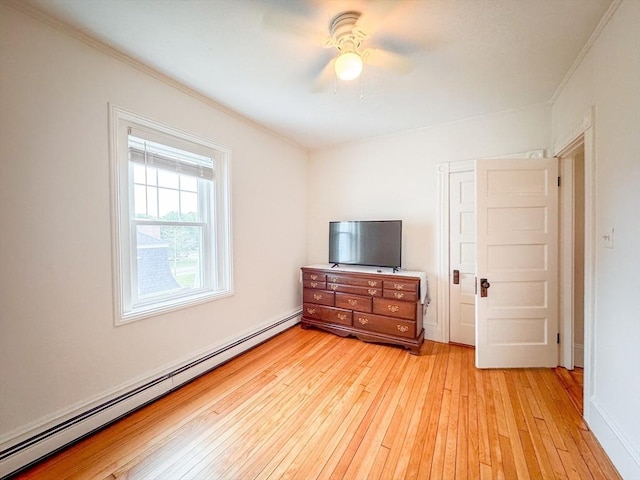 19 Center St, Weymouth, MA 02189 - bedroom with a baseboard radiator, light wood-style flooring, crown molding, and a ceiling fan