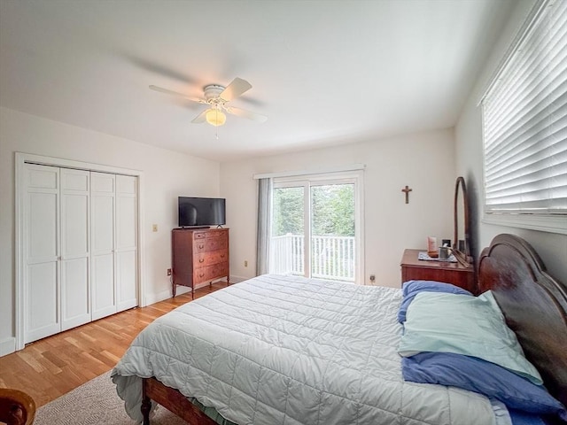 19 Center St, Weymouth, MA 02189 - bedroom with light wood-style flooring, access to exterior, ceiling fan, and a closet