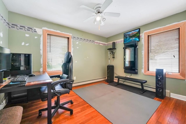 329 Brooklawn Ave, New Bedford, MA 02745 - home office featuring a baseboard radiator, plenty of natural light, hardwood / wood-style flooring, and ceiling fan