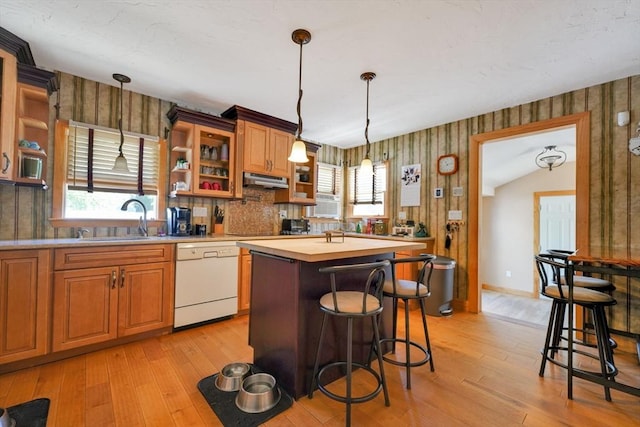 329 Brooklawn Ave, New Bedford, MA 02745 - kitchen with dishwasher, a sink, open shelves, wallpapered walls, and light wood-type flooring