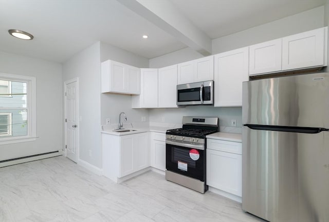 7 Cliff St, Attleboro, MA 02703 - kitchen with stainless steel appliances, light countertops, beamed ceiling, white cabinetry, and light marble finish floors
