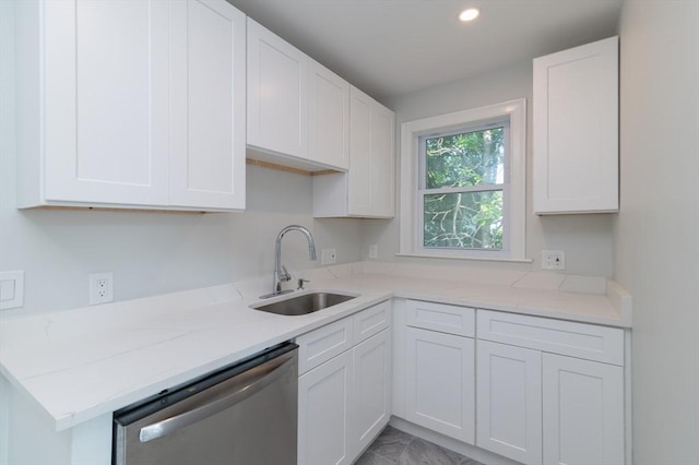 7 Cliff St, Attleboro, MA 02703 - kitchen with stainless steel dishwasher, white cabinetry, light stone counters, and recessed lighting